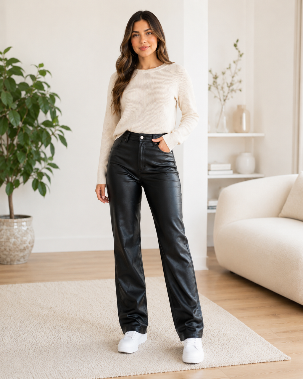 Pantalón Recto Tipo Cuero